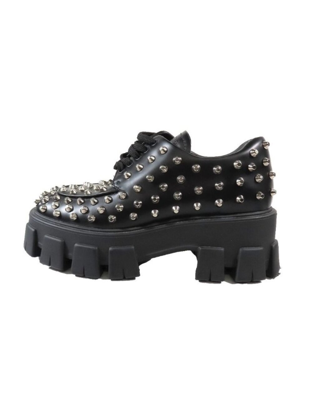 Prada 714 Monolith Brushed Leather Thick Sole Studded Loafers Lace Up Shoes